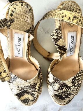 Jimmy Choo Gold-Tone Snake-Print Platform Sandals